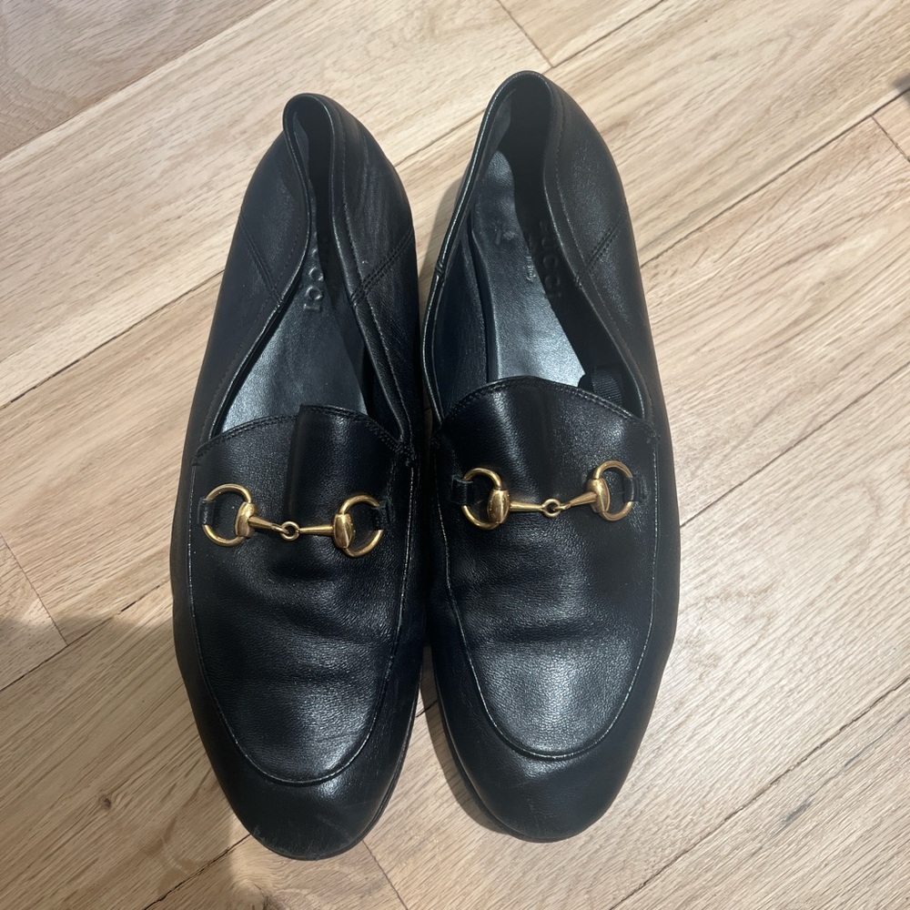 Black Leather Loafers with Gold Accent